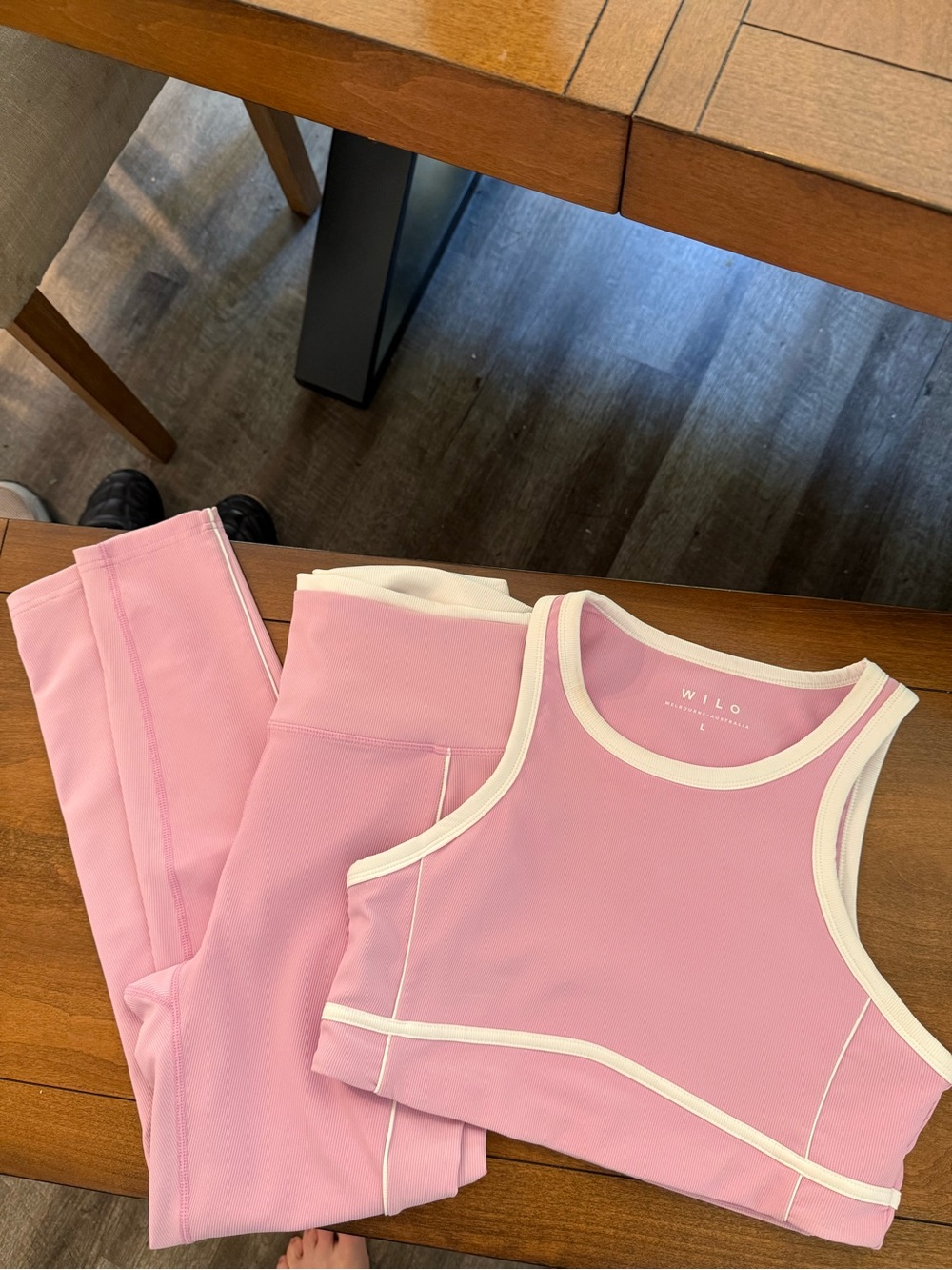 Wilo Pink High-Waist Leggings & Crop Tank Set with White Trim